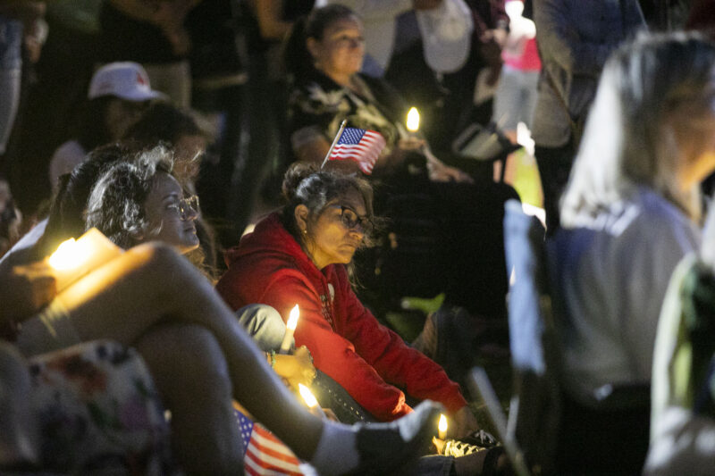 Attendees listen to the speakers who reflect on the life of Charlie Kirk during the Candlelight Vigil at Marketplace Park in Valencia on Wednesday, Sept. 17, 2025. Habeba Mostafa/ The Signal