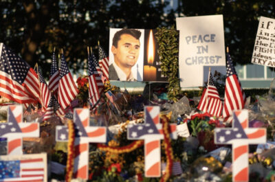 Flowers, American flags, and other items mourning Charlie Kirk at Utah Valley University in Orem, Utah, on Sept. 16, 2025. Photo by Madalina Kilroy.