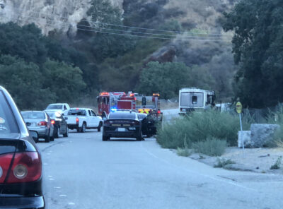 First responders arrive at the scene of an RV on fire near the 22400 block of Sierra Highway on Friday. Courtesy photo.