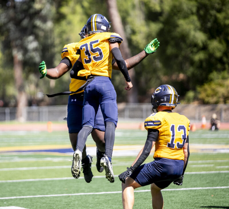 Canyons defensive back Dylan McIntosh (35) celebrates intercepting the ball against Pasadena City College during the first quarter of Saturday's game at College of the Canyons on Sept. 20, 2025. Habeba Mostafa/ The Signal