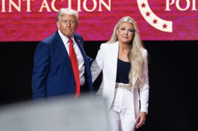 President Donald Trump and Erika Kirk, Charlie Kirk's widow, at the Building a Legacy: Remembering Charlie Kirk Memorial event at the State Farm Stadium in Glendale, Ariz., on Sept. 21, 2025. Photo by Madalina Kilroy.
