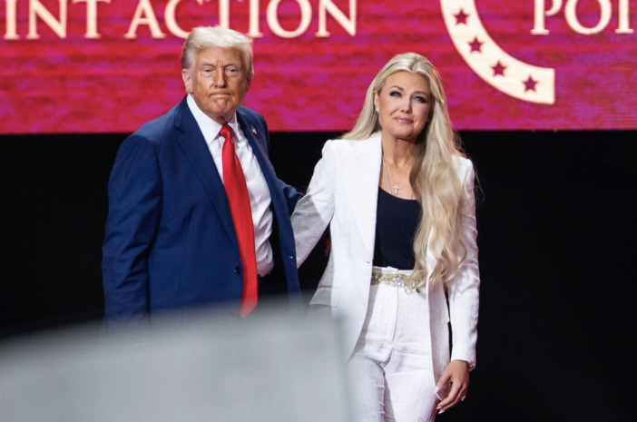 President Donald Trump and Erika Kirk, Charlie Kirk's widow, at the Building a Legacy: Remembering Charlie Kirk Memorial event at the State Farm Stadium in Glendale, Ariz., on Sept. 21, 2025. Photo by Madalina Kilroy.