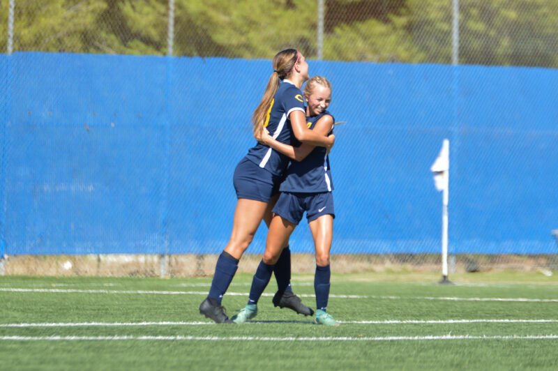 COC women’s soccer players Bailey Willaimson and Lili Golphenee celebrate a goal during a home game on Sept. 9, 2025. Photo by Valery Diaz/COC Sports Information.