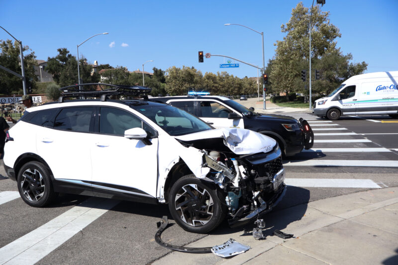 The other car was hit on its front passenger side after a two-vehicle traffic collision on Avenida Rancho Tesoro and west Copper Hill Drive in Valencia, Monday, Sept. 22, 2025. Kamryn Martell/The Signal