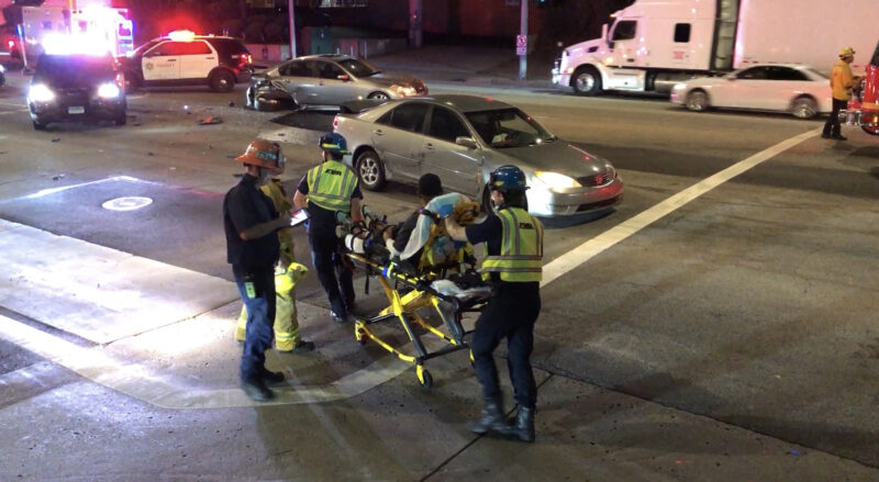 One person was transported after a three-vehicle traffic collision on Valle Del Oro and Newhall Avenue on Tuesday, Sept. 23, 2025. Courtesy photo of Oscar Sol.