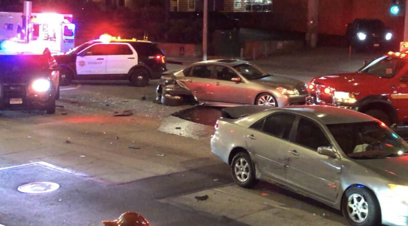 A three-vehicle traffic collision results in one transport and two injured on Valle Del Oro and Newhall Avenue, Tuesday, Sept. 23, 2025. Courtesy photo of Oscar Sol.