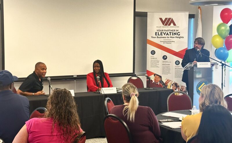 From left: College of the Canyons Director of Employee Training Institute and Olympic athlete Mark Crear, city of Santa Clarita Senior Management Analyst Tyler Pledger, and moderator Ed Masterson during the VIA Luncheon on Sept. 19, 2025. Katherine Quezada/The Signal