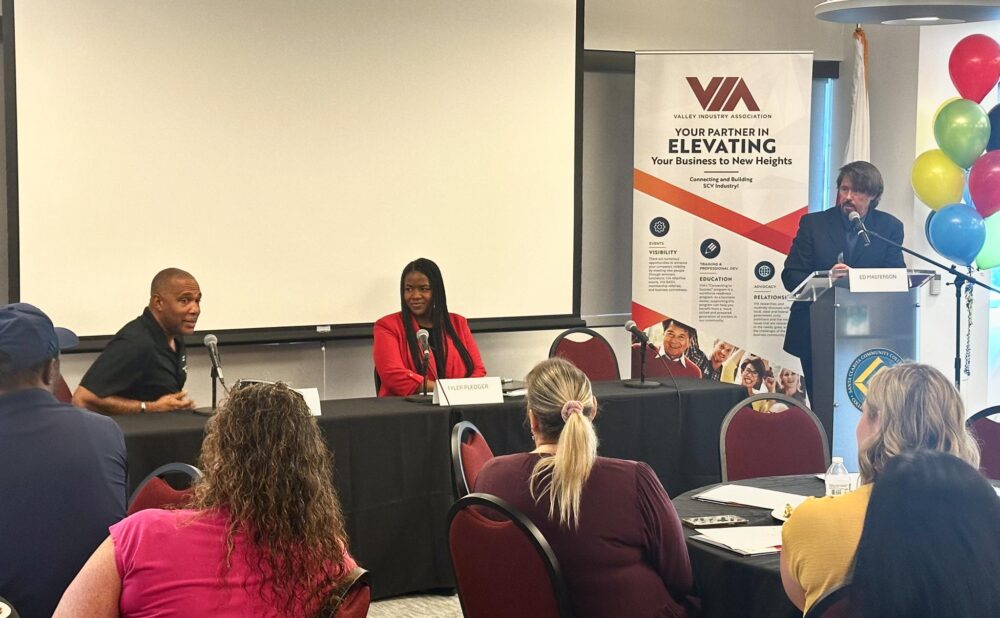 From left: College of the Canyons Director of Employee Training Institute and Olympic athlete Mark Crear, city of Santa Clarita Senior Management Analyst Tyler Pledger, and moderator Ed Masterson during the VIA Luncheon on Sept. 19, 2025. Katherine Quezada/The Signal