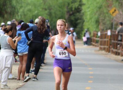 Valencia runner Reese Ray leading the three-mile-race during the 2025 Foothill League Meet #1 at Central Park on September 27, 2025. Ryan Romero/The Signal