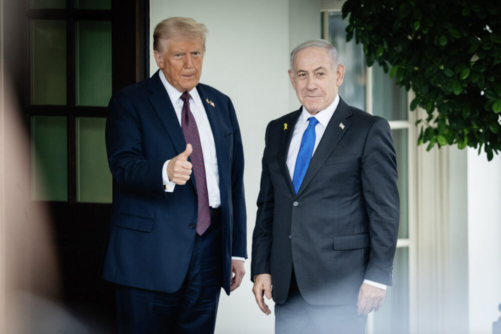 U.S. President Donald Trump greets Israeli Prime Minister Benjamin Netanyahu at the White House on Sept. 29, 2025. Photo by Madalina Kilroy.