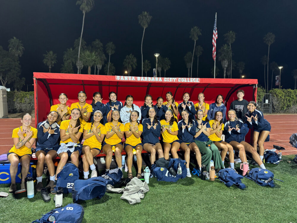 The College of the Canyons women’s soccer team celebrates its shutout win over host Santa Barbara City College on Sept. 23, 2025. Courtesy photo.