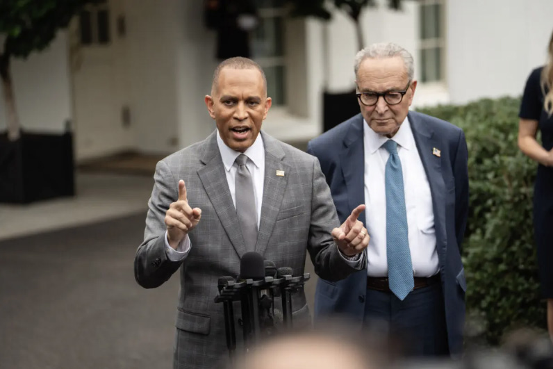 Senate Minority Leader Chuck Schumer (D-N.Y.) and House Minority Leader Hakeem Jeffries (D-N.Y.) speak after a meeting to negotiate funding legislation to avoid a government shutdown at the White House on Sept. 29, 2025. Photo by Madalina Kilroy.