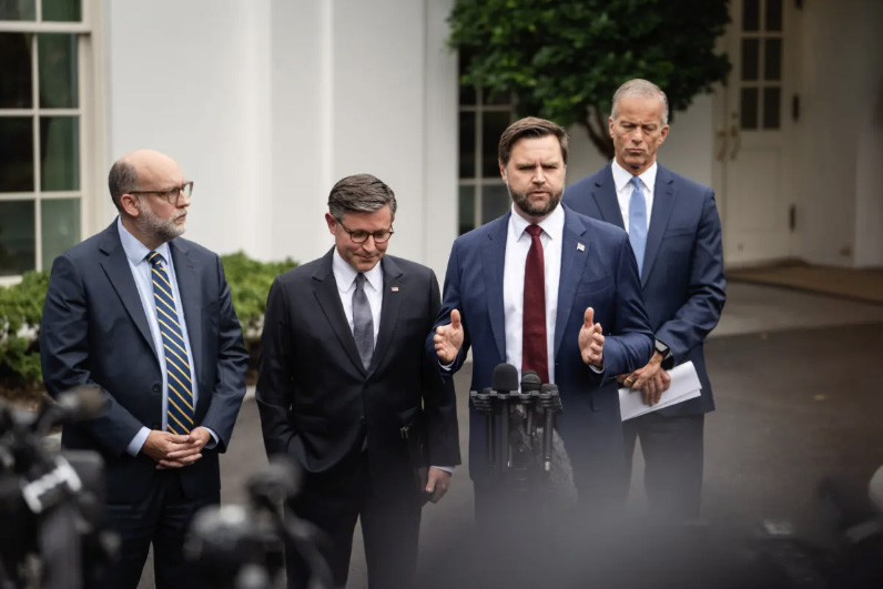 Vice President JD Vance, accompanied by Director of the Office of Management and Budget Russel Vought, Speaker of the House Mike Johnson (R-La.), and Senate Majority Leader John Thune (R-S.D.), speaks after a meeting to negotiate funding legislation to avoid a government shutdown, at the White House on Sept. 29, 2025. Photo by Madalina Kilroy.