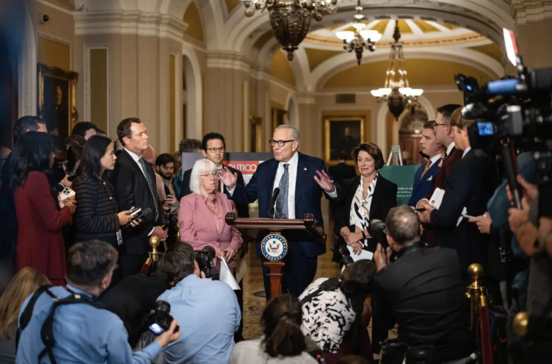 Senate Minority Leader Chuck Schumer (D-N.Y.), joined by other Senate Democrats, speaks to reporters as the government is on verge of shutdown amid partisan standoff, on Capitol Hill in Washington on Sept. 30, 2025. Photo by Madalina Kilroy.