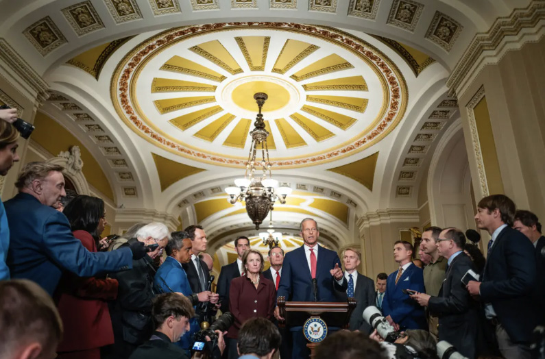 Senate Majority Leader John Thune (R-S.D.), joined by other Senate Republicans, speaks to reporters as the government is on the verge of shutdown amid a partisan standoff, on Capitol Hill in Washington on Sept. 30, 2025. Photo by Madalina Kilroy.