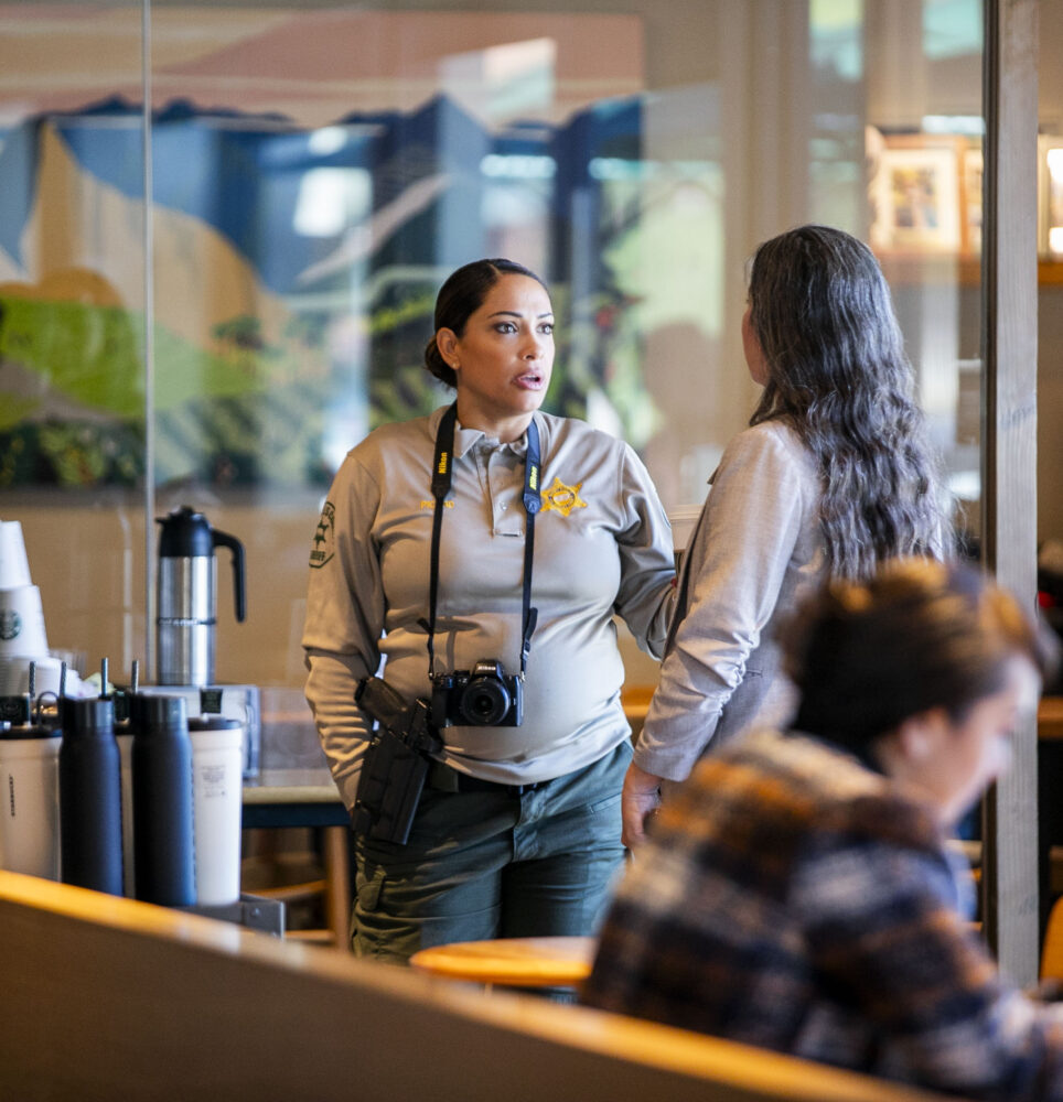 Santa Clarita Valley Sheriff's Station Public Information Officer Mariela Picard speaks to residents during Coffee with a Cop at Starbucks on Wednesday, Oct. 1, 2025. Habeba Mostafa/ The Signal