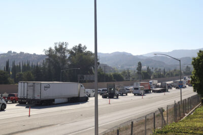 Traffic delays after a pursuit results in a traffic collision on Interstate 5 southbound Calgrove Boulevard in Newhall, Calif., Wednesday, Oct. 1, 2025. Kamryn Martell/The Signal