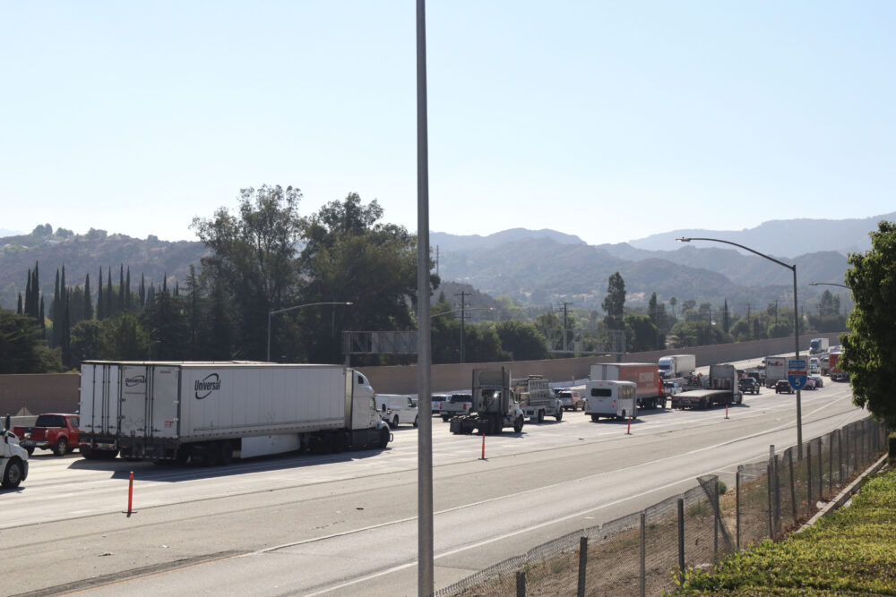 Traffic delays after a pursuit results in a traffic collision on Interstate 5 southbound Calgrove Boulevard in Newhall, Calif., Wednesday, Oct. 1, 2025. Kamryn Martell/The Signal
