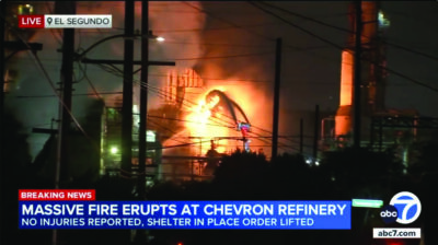 An explosion and fire sent smoke and flames towering above the Chevron El Segundo Refinery on Thursday night, but the fire was quickly contained and was out by the following morning with no injuries reported. Screenshot courtesy of ABC7.