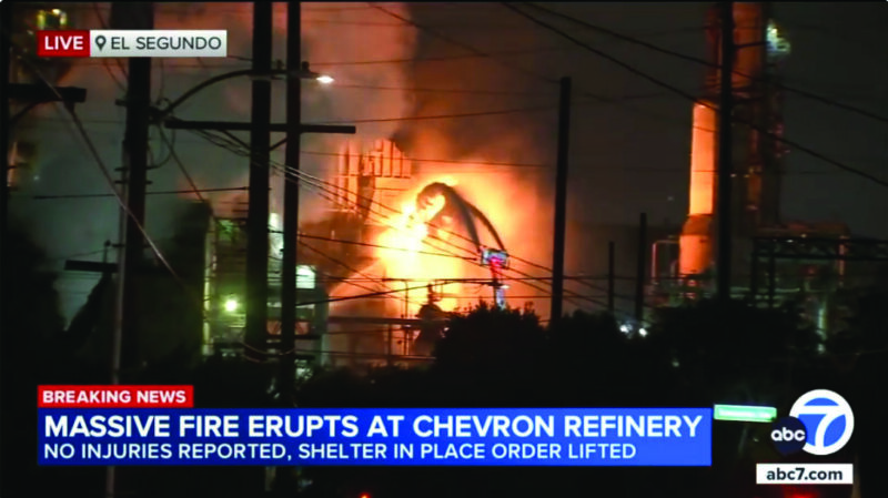 An explosion and fire sent smoke and flames towering above the Chevron El Segundo Refinery on Thursday night, but the fire was quickly contained and was out by the following morning with no injuries reported. Screenshot courtesy of ABC7.