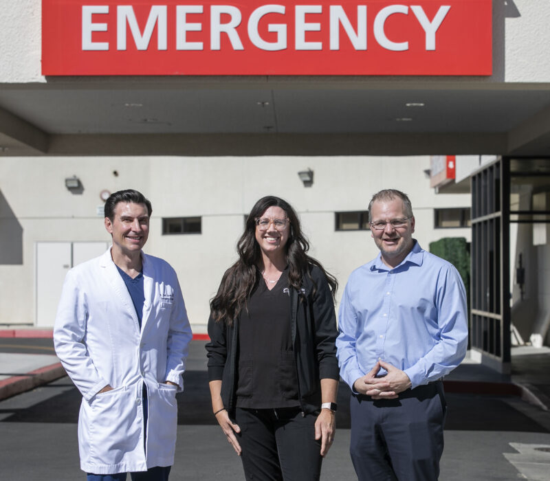 Photos of Dr. Jack Casey, left, Emma Jerrain and Benjamin Morgan, director of Emergency Services, at Henry Mayo Newhall Hospital on Wednesday, Aug. 20, 2025. Habeba Mostafa/ The Signal