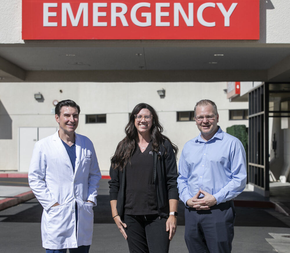 Photos of Dr. Jack Casey, left, Emma Jerrain and Benjamin Morgan, director of Emergency Services, at Henry Mayo Newhall Hospital on Wednesday, Aug. 20, 2025. Habeba Mostafa/ The Signal