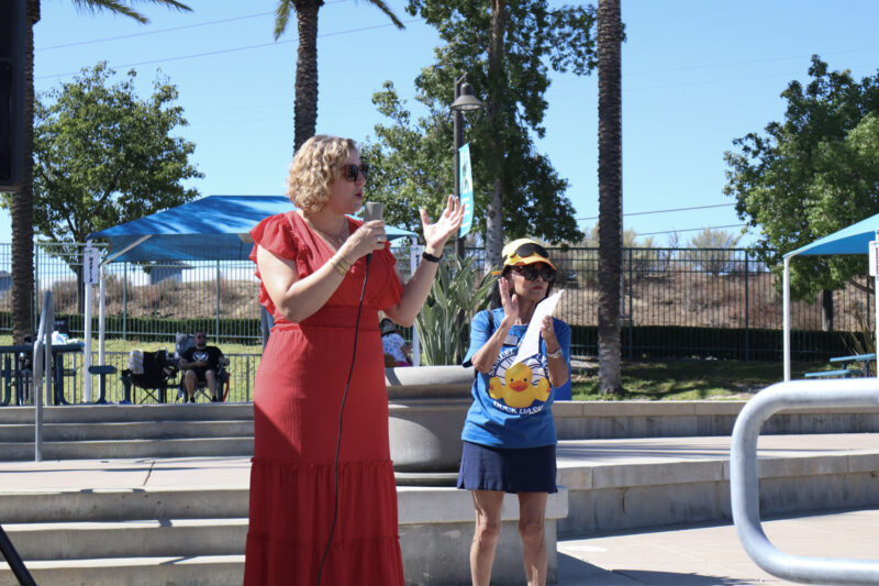 Assemblywoman Pilar Schiavo, D-Chatsworth, helps kick off the duck races at the 23rd annual Duck Dash at the Santa Clarita Aquatic Center, Sunday, Oct. 5, 2025. Kamryn Martell/The Signal