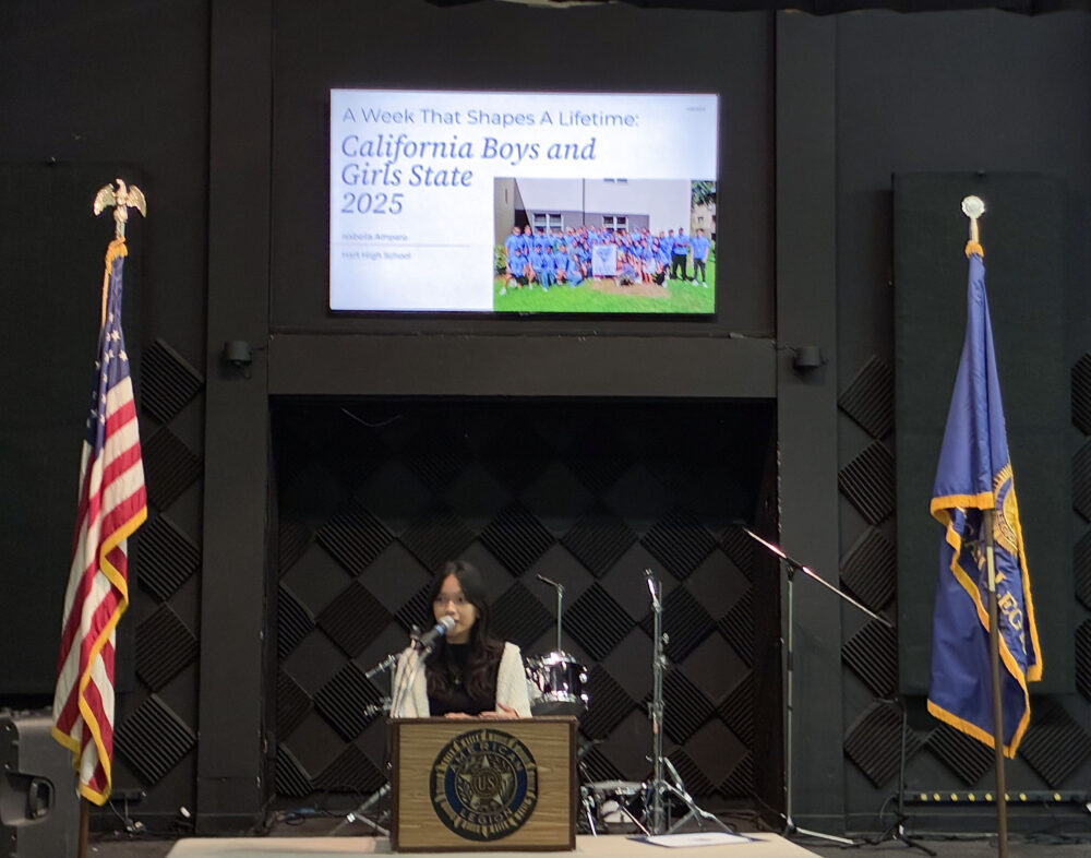 Isabella Amparo, one of the delegates, speaks about her experiences at the American Legion Post 507's 2025 Boys and Girls State Reunion ceremony at the American Legion Post 507 in Newhall, Calif., Sunday, Oct. 5, 2025. Kamryn Martell/The Signal