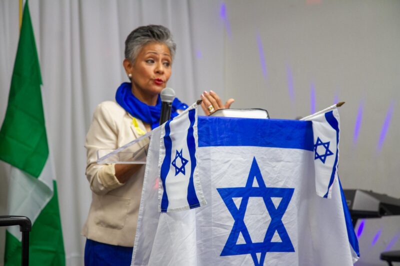 Member Flags and Fellowship of Jews and Christians Christina Gaytan speaks at the “Remembering Oct. 7” ceremony on Oct. 7, 2025 in Canyon Country, Calif. Katherine Quezada