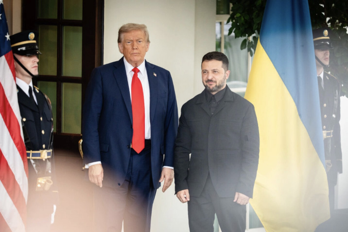 U.S. President Donald Trump greets Ukrainian President Volodymyr Zelenskyy ahead of a meeting with European leaders, at the White House on Aug. 18, 2025. Photo by Madalina Kilroy.