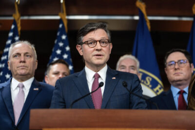 House Speaker Mike Johnson (R-La.), joined by other House Republicans, speaks during the 15th day of the government shutdown at a press conference on Capitol Hill in Washington on Oct. 15, 2025. Photo by Madalina Kilroy.