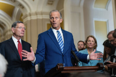 Senate Majority Leader John Thune (R-S.D.), joined by other Senate Republicans, speaks during the 15th day of the government shutdown at a press conference on Capitol Hill in Washington on Oct. 15, 2025. Photo by Madalina Kilroy.