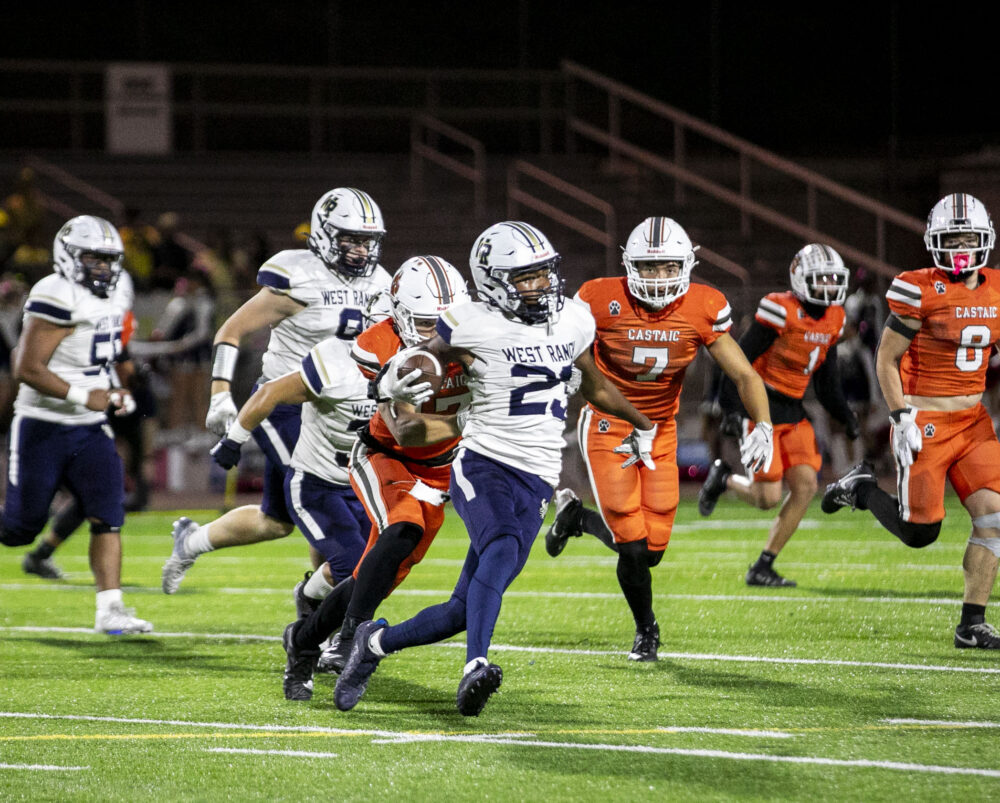 West Ranch running back Mesziah Ramos (23) runs with the ball during the first quarter of Friday's game against Castaic at Valencia High School on Oct. 17, 2025. Habeba Mostafa/ The Signal