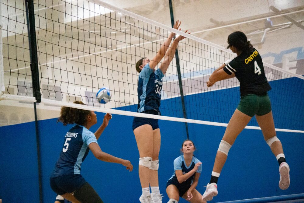 Canyon High’s Olivia Turner (4) goes for a spike during a match against Saugus on Aug. 28, 2025. Katherine Quezada/The Signal