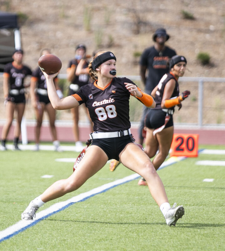 Castaic junior Larkin Smith (88) throws the ball during Tuesday's game against Canyon at Castaic High School on Sept. 17, 2025. Habeba Mostafa/ The Signal