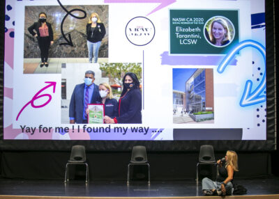 Bowman social worker Elizabeth Tarantini discusses her trajectory during the WiSH Education Foundation's "Ascend" event at Saugus High School on Oct. 18, 2025. Habeba Mostafa/ The Signal