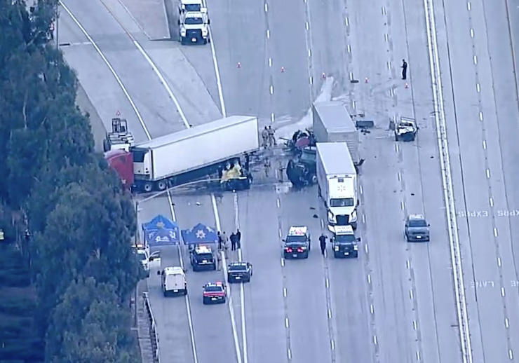 The scene of a deadly crash after semi-truck slammed into multiple vehicles on Interstate 10 in Ontario, California, on Oct. 21, 2025. Screenshot courtesy of ABC7.