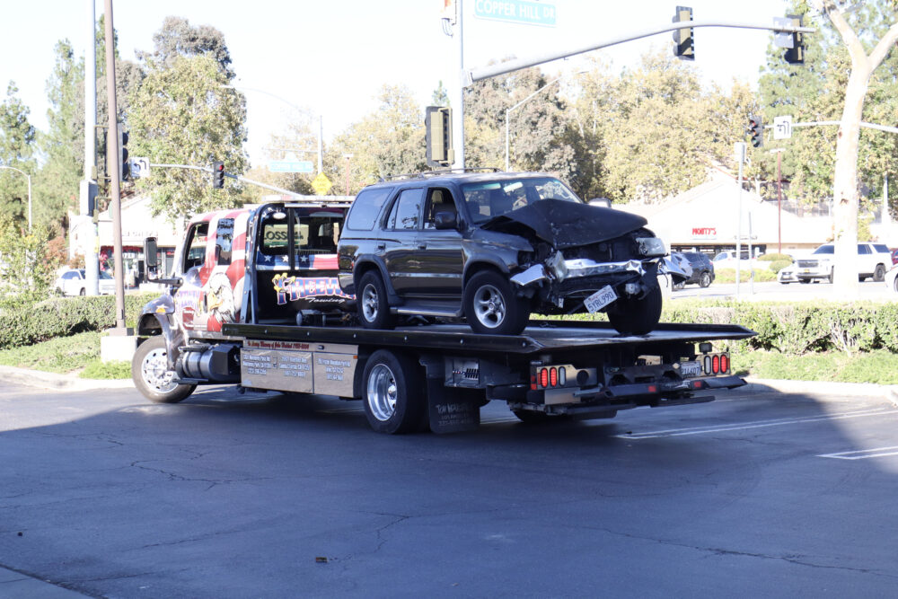A single-vehicle traffic collision results in structure damage near the intersection of Copper Hill Drive and Seco Canyon Road, Monday, Oct. 27, 2025. Kamryn Martell/The Signal