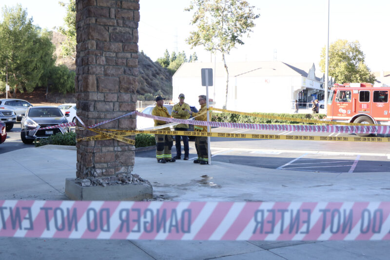 The building endures some damages after a single-vehicle traffic collision near the intersection of Copper Hill Drive and Seco Canyon Road, Monday, Oct. 27, 2025. Kamryn Martell/The Signal
