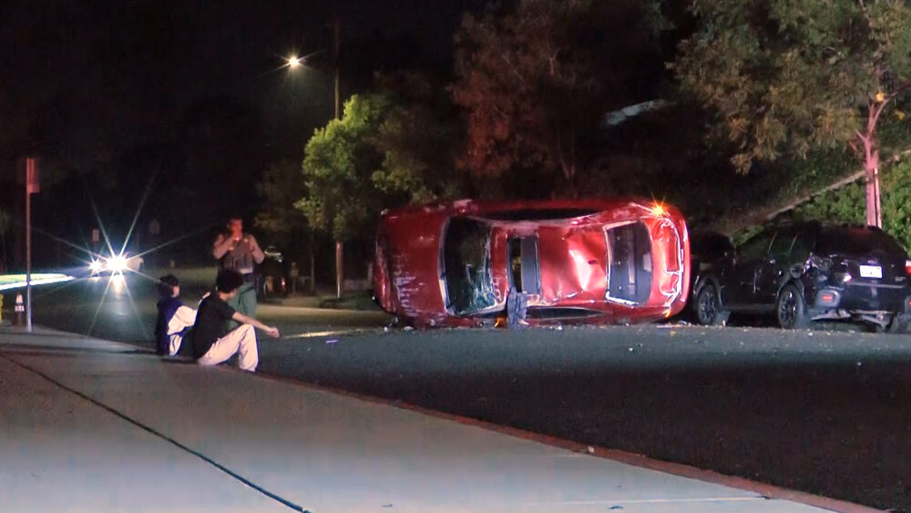 A single-vehicle traffic collision leaves a vehicle rolled over in Newhall, Calif., Sunday, Oct. 26, 2025. Signal Staff/The Signal