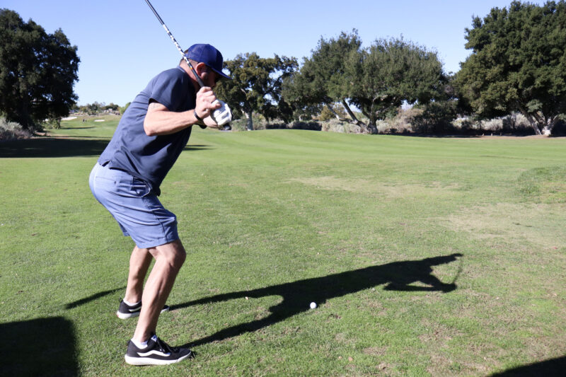 Danny Pratt prepares to hit the golf ball at the 12th annual Thank-A-Veteran golf tournament at the Sand Canyon Country Club in Canyon Country, Calif., Monday, Oct. 27, 2025. Kamryn Martell/The Signal