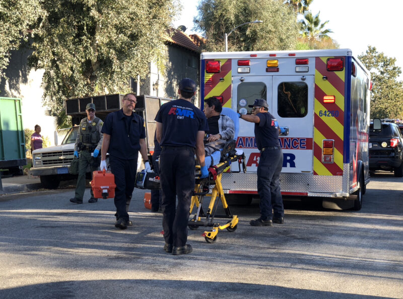 One person gets loaded into a ambulance following a family dispute at the 24200 block of Pine Street, Sunday, Oct. Nov. 2, 2025. Signal Staff/The Signal