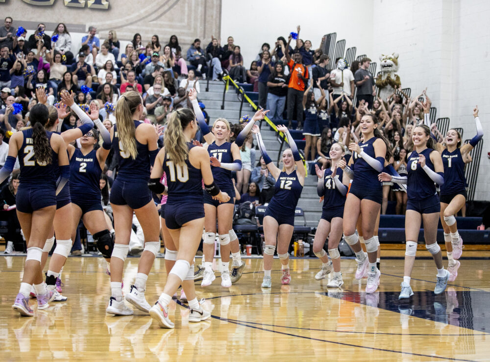 West Ranch celebrates winning the first set of the CIF semifinal playoff game against JSerra at West Ranch High School on Nov. 1, 2025. Habeba Mostafa/ The Signal