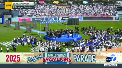 The L.A. Dodgers celebrate their dramatic World Series win in seven games over the Toronto Blue Jays. Screenshot courtesy of ABC7.