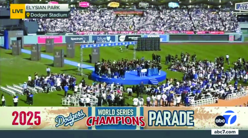 The L.A. Dodgers celebrate their dramatic World Series win in seven games over the Toronto Blue Jays. Screenshot courtesy of ABC7.