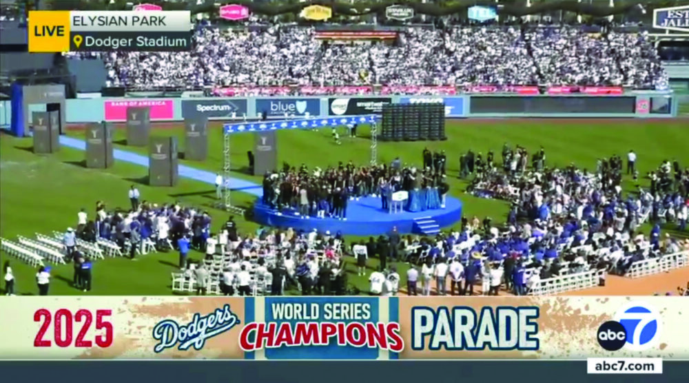The L.A. Dodgers celebrate their dramatic World Series win in seven games over the Toronto Blue Jays. Screenshot courtesy of ABC7.