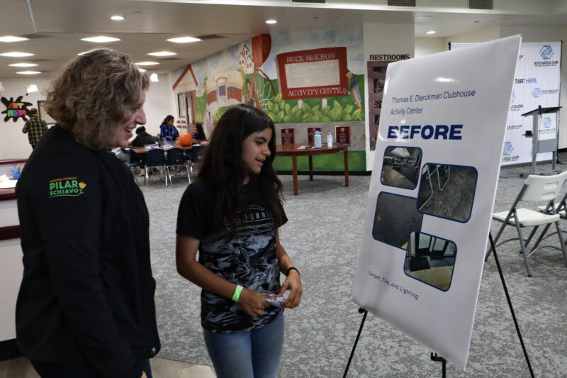 Assemblywoman Pilar Schiavo (L), D-Chatsworth, and Mallory Repreza (R), 11, look at the "Before" board at the renovations ribbon cutting ceremony at the Boys and Girls Club of Santa Clarita Valley Thomas E. Dierckman Clubhouse in Canyon Country, Calif., Wednesday, Oct. 29, 2025. Kamryn Martell/The Signal