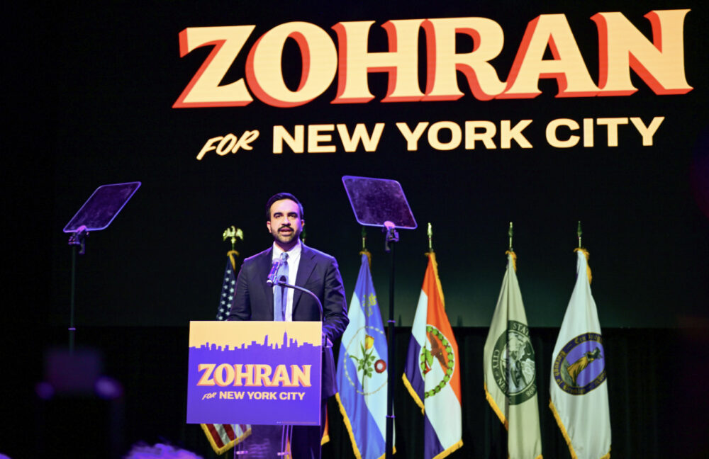 New York City Mayor-elect Zohran Mamdani speaks at the Brooklyn Paramount Theater in the Brooklyn borough of New York City on Nov. 4, 2025. Photo by Adhiraj Chakrabarti.
