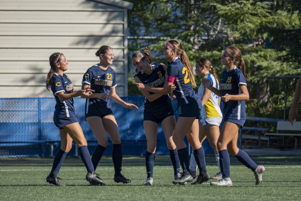 College of the Canyons women’s soccer celebrates a 2-1 home victory over West. L.A. College. Photo by Carla Sophia Velasco/COC Sports Information.
