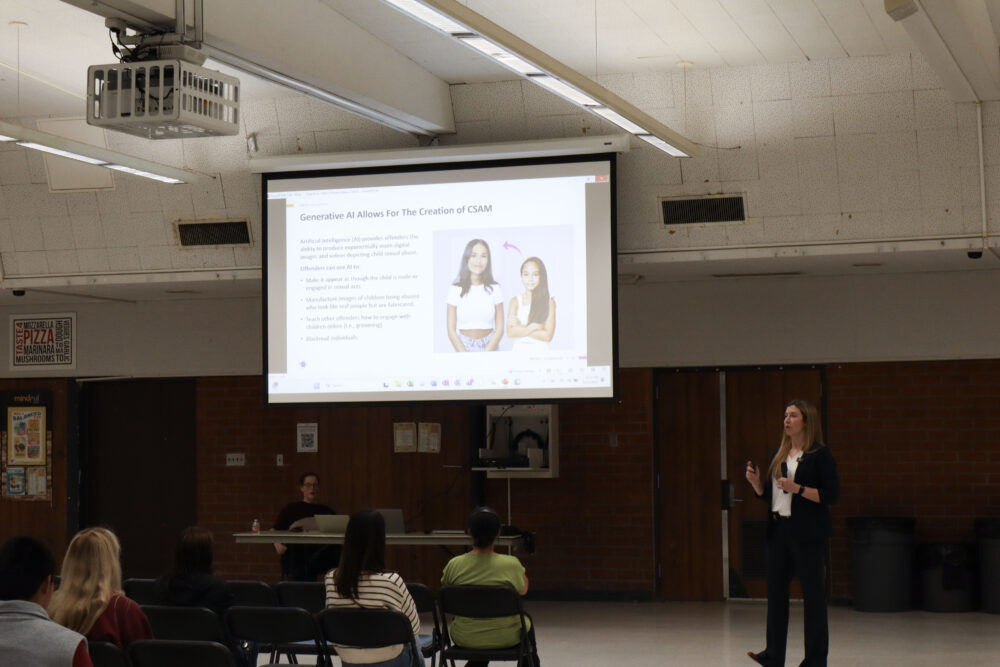 Victoria Scott, federal law enforcement officer, gives a presentation at the "Parenting for Prevention" parent meeting about children's online safety at Hart High School in Newhall, Calif., Wednesday, Nov. 5, 2025. Kamryn Martell/The Signal
